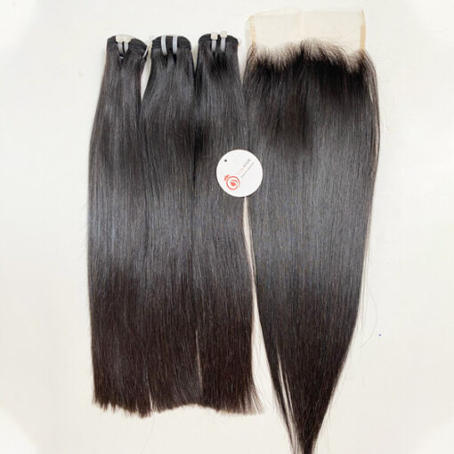 Natural straight raw Vietnamese hair bundles with closure 6x6