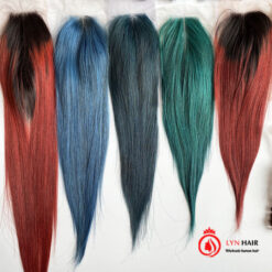 Straight premium ombre red green blue human hair closure