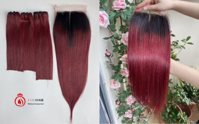 Omber burgundy human hair bundles with closure