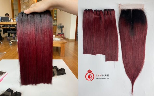 Omber burgundy human hair bundles with closure