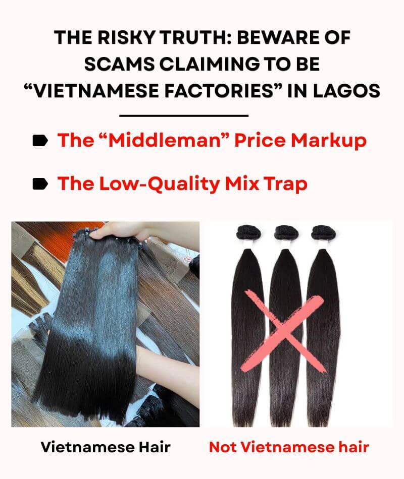 Comparison between authentic high quality Vietnamese hair and fake synthetic blend scam